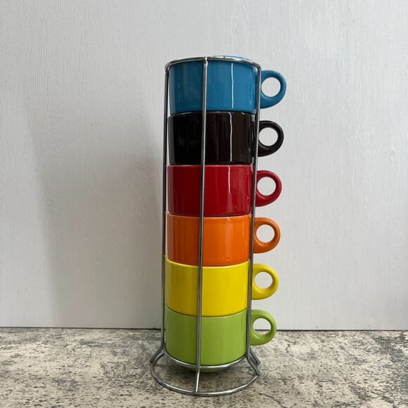 Pier 1 Imports Ceramic Stackable Coffee Mug Set of 6 Multicolor with Stand - Picture 1 of 12